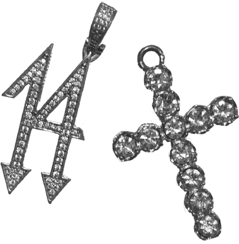 Two pendants that are gold covered in diamons, one has the nuber 14 and the other is a cross.